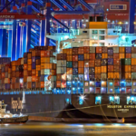 A large container ship at a port