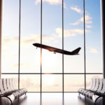 An airplane seen flying from an airport terminal's window.