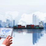 A person holding a tablet with shipping options, with a world map and cargo in the background.