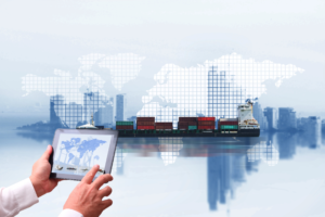 A person holding a tablet with shipping options, with a world map and cargo in the background.