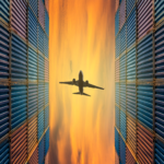 an airplane flying over cargo containers