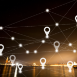 Location icons on top of an image of a city